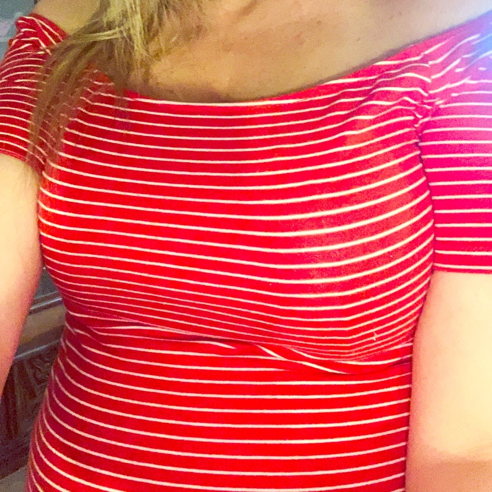 Hearts and Hips off shoulder Red striped dress